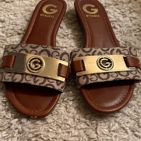 Guess Tan and Gold Logo Slide Sandals - Picture 1 of 3